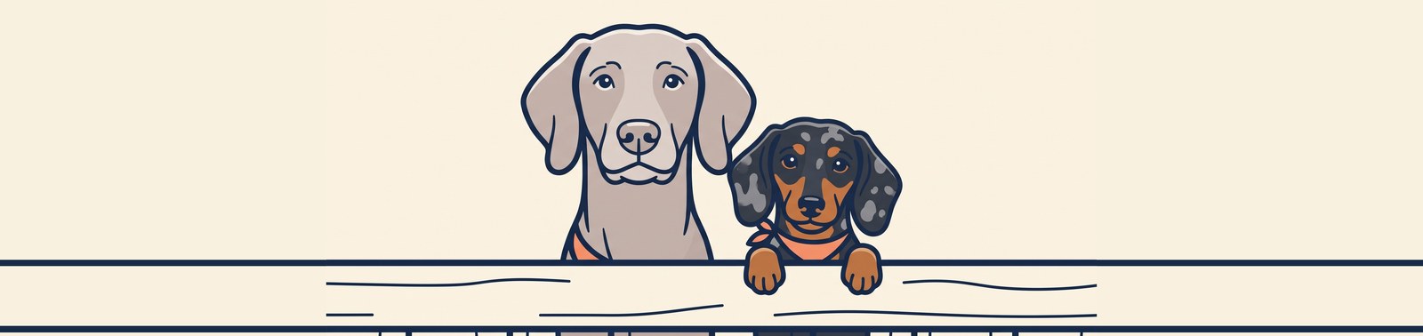 A Weimaraner and a dachshund looking over a backyard fence
